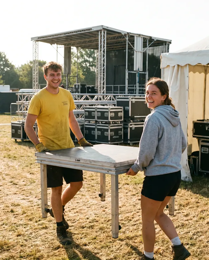 Twee studenten verplaatsen samen een podiumdeel op een evenemententerrein.