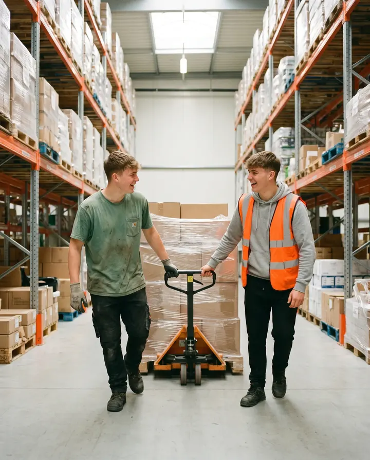 Twee studenten lopen met een pompwagen vol dozen door een magazijn.