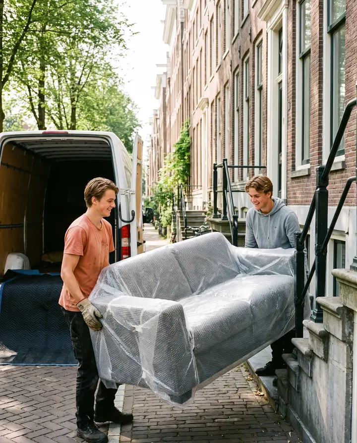 Twee studenten dragen een ingepakte bank naar een verhuiswagen.